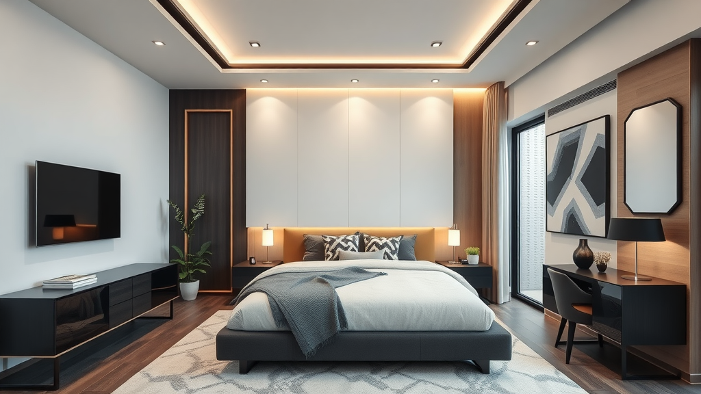 A stylish bedroom featuring modern furnishings and smart technology integrations.