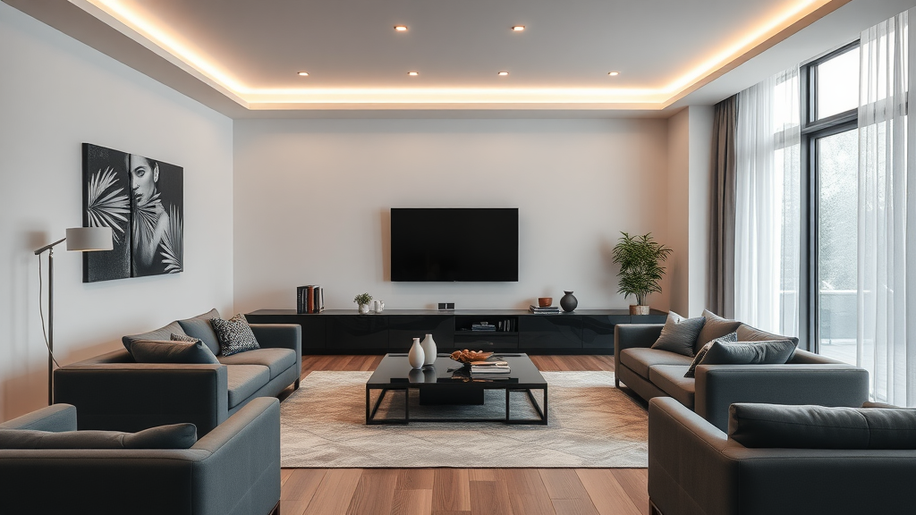 A modern living room featuring sleek furniture, smart TV, and stylish decor.