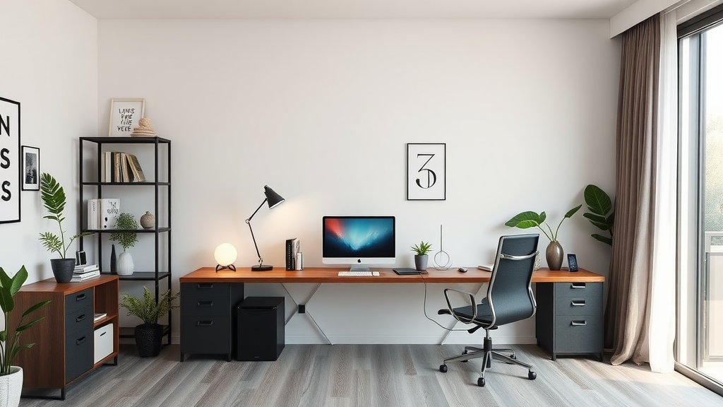 A stylish and modern home office with a computer, plants, and organized furniture.