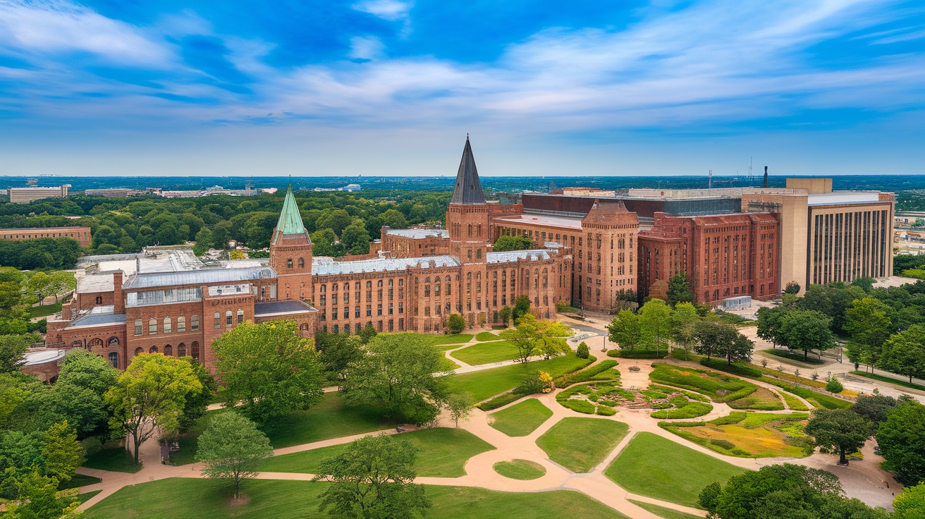 Aerial view of the Smithsonian Institution Complex with beautiful architecture and green gardens.