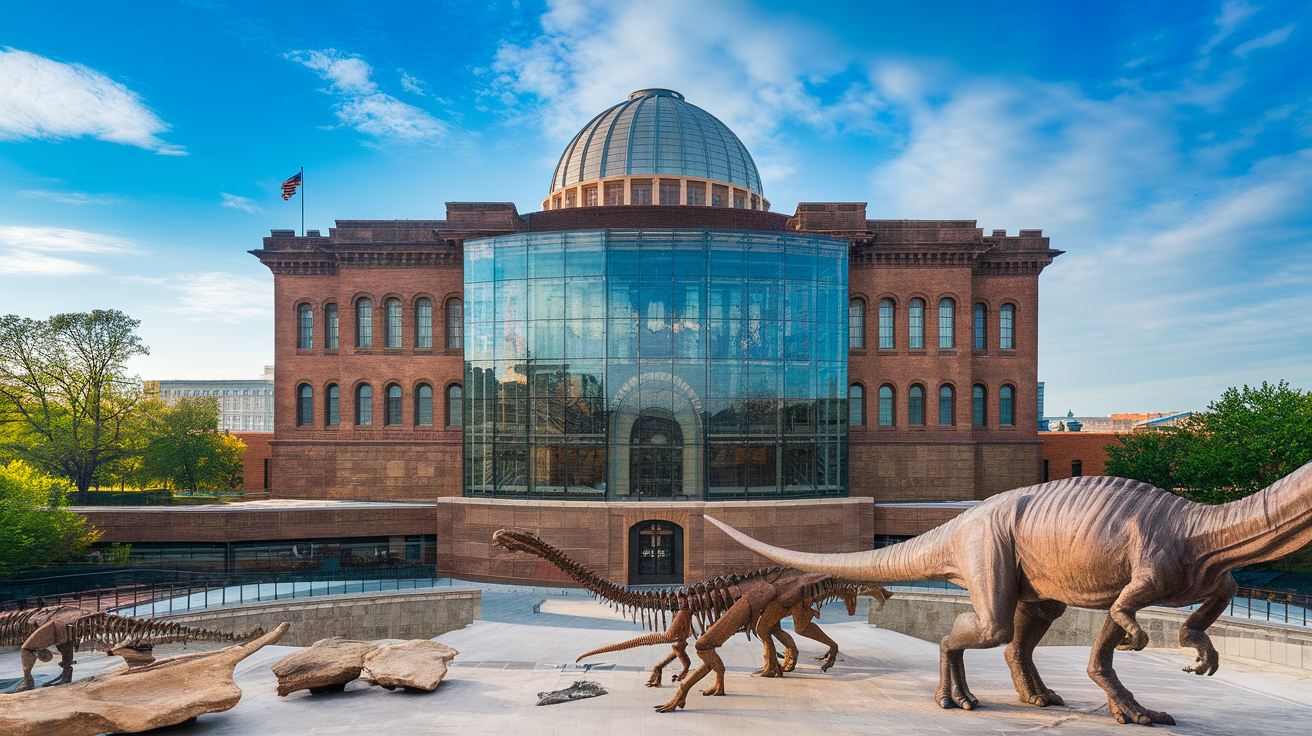 Exterior view of the Smithsonian National Museum of Natural History with dinosaur sculptures in front.