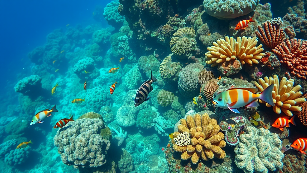 A snorkeler diving underwater among colorful fish and coral in clear blue waters.