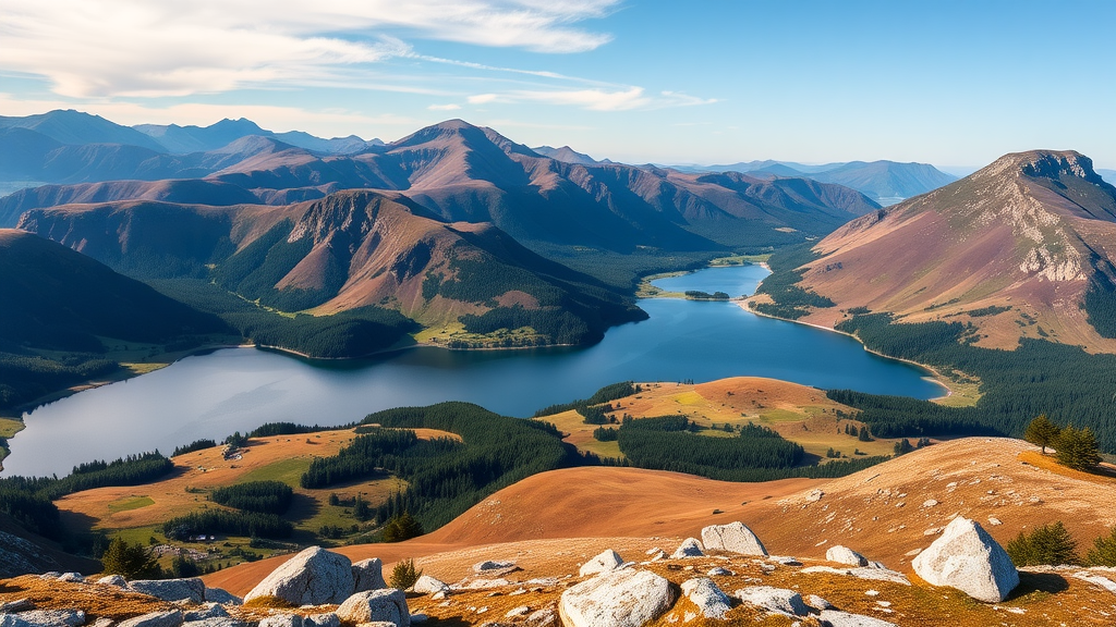 A panoramic view of Snowdonia National Park showing mountains and a tranquil lake under a clear blue sky.