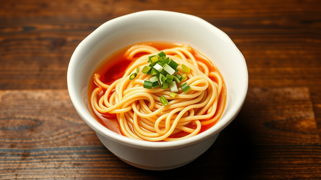 A bowl of soba noodles with green onions and dipping sauce.