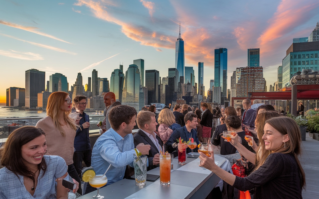 A vibrant crowd enjoying drinks on the rooftop of Moxy NYC Times Square with a stunning sunset view of the New York City skyline.