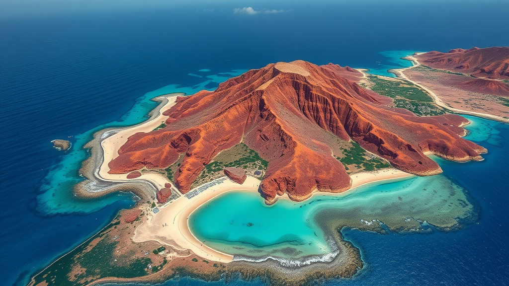 Aerial view of Socotra Island showcasing its distinct red mountains and turquoise waters