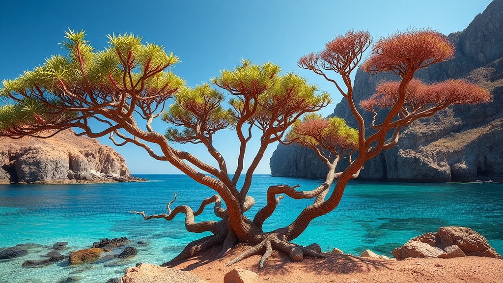 A vibrant scene on Socotra Island featuring the iconic Dragon Blood Tree against a blue ocean.