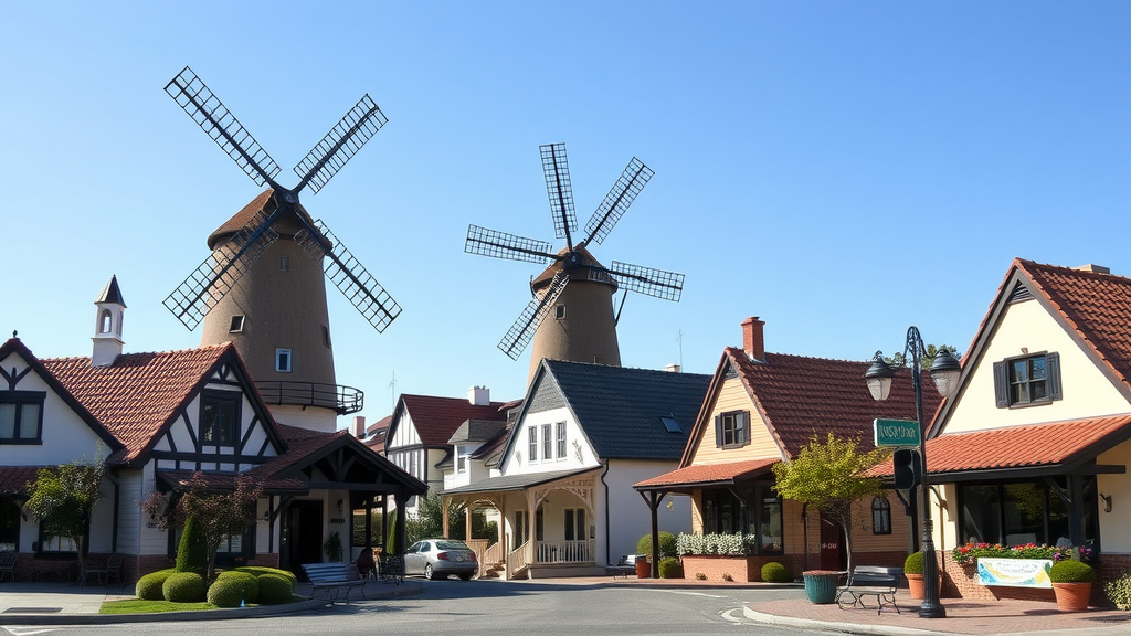 A picturesque view of Solvang featuring traditional Danish architecture and windmills.