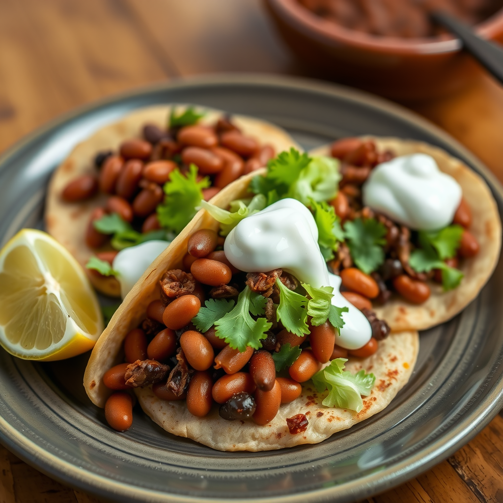 Delicious sopes topped with beans, cilantro, and sour cream on a plate, with a lemon wedge