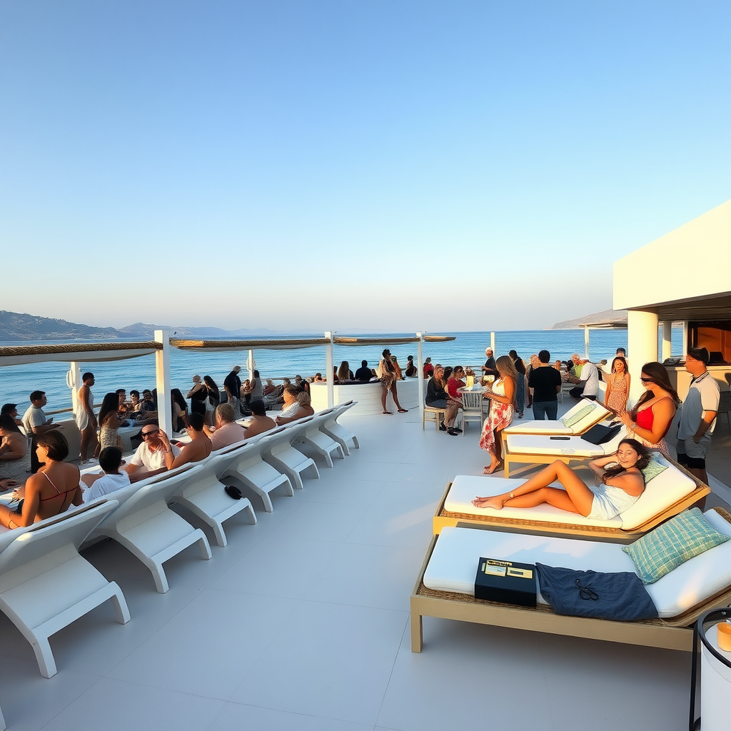 A vibrant beach club scene at Blue Marlin, Ibiza, featuring guests lounging and enjoying drinks by the sea.