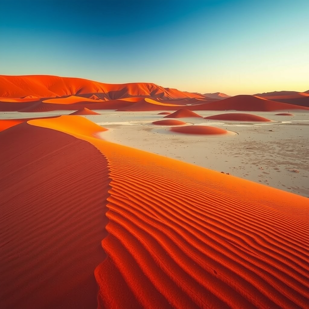 Vibrant orange and red sand dunes under a clear blue sky in the Sossusvlei region of Namibia.