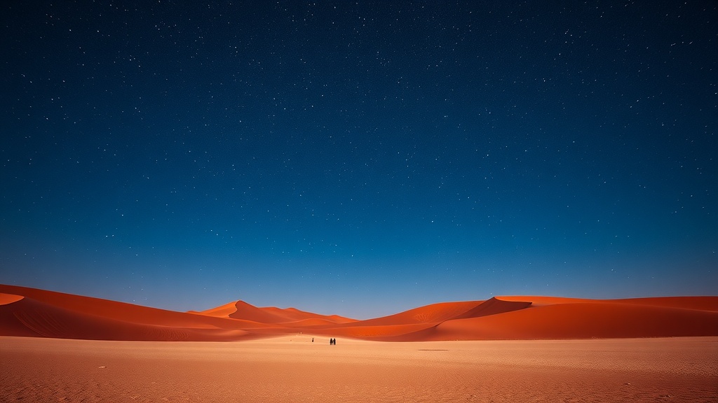 A breathtaking view of Sossusvlei, Namibia, featuring towering red dunes under a starry sky.