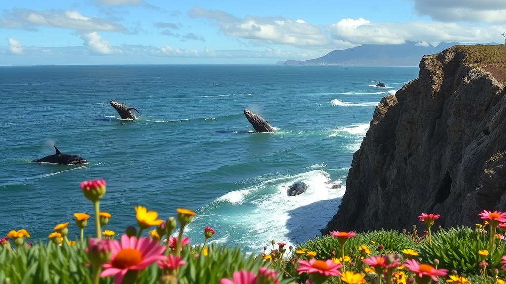 Two whales breaching the surface of the ocean near rocks and colorful flowers in Hermanus, South Africa.