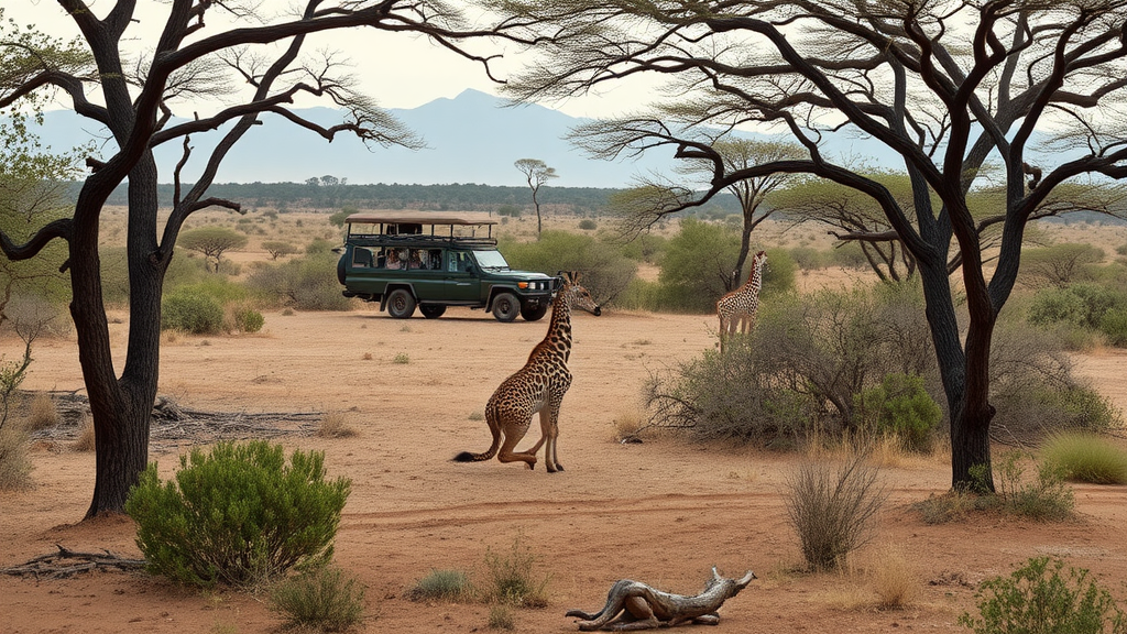 A safari vehicle in the South African landscape with giraffes in the background.