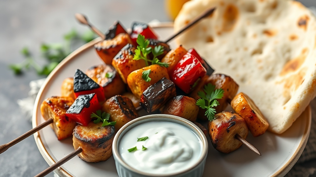 A plate of grilled souvlaki skewers with colorful vegetables, served with tzatziki and pita bread.