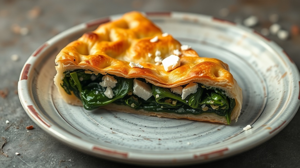 A slice of Spanakopita, a spinach and feta pie, on a plate.