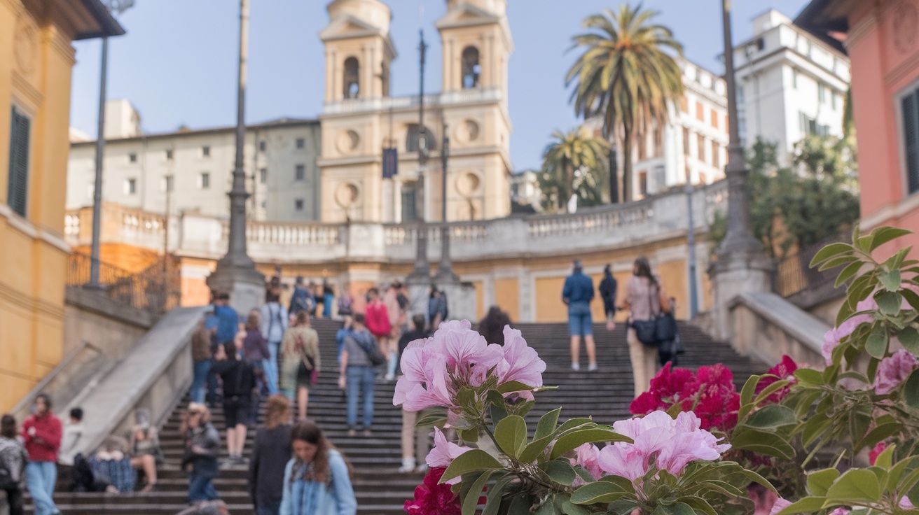 A view of the Spanish Steps in Rome, bustling with people and blooming flowers in the foreground.