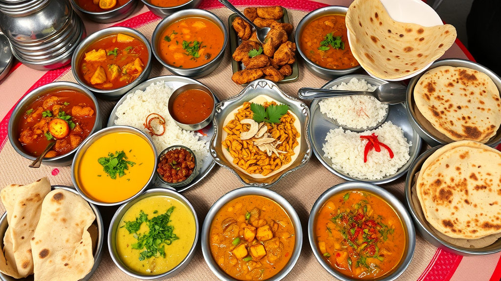 A variety of Indian dishes including curries, rice, and breads served on a table.