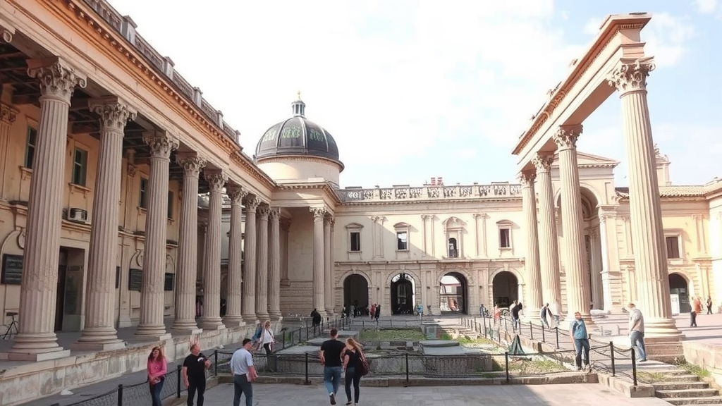 View of Diocletian's Palace in Split with impressive columns and people walking around