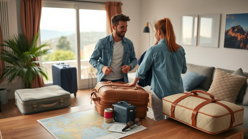 A couple packing for a weekend getaway with suitcases and a map on the table.