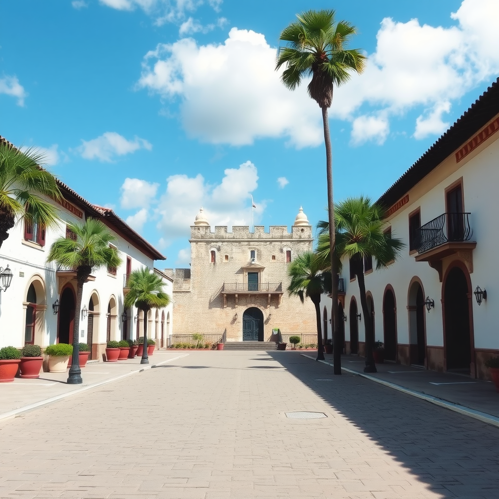 Historic fort in St. Augustine, Florida, surrounded by palm trees and clear blue skies.