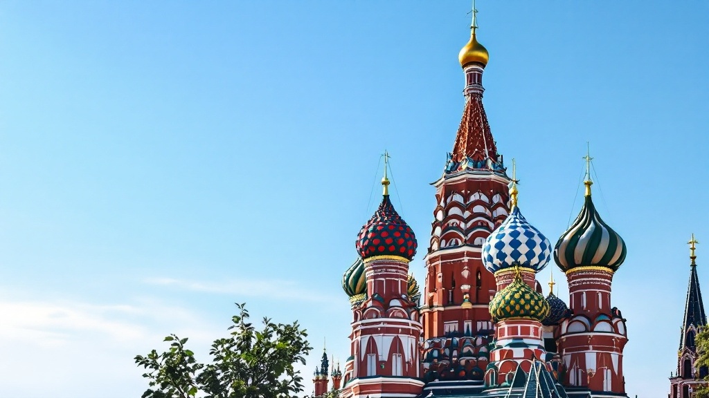 St. Basil's Cathedral with colorful domes against a clear blue sky