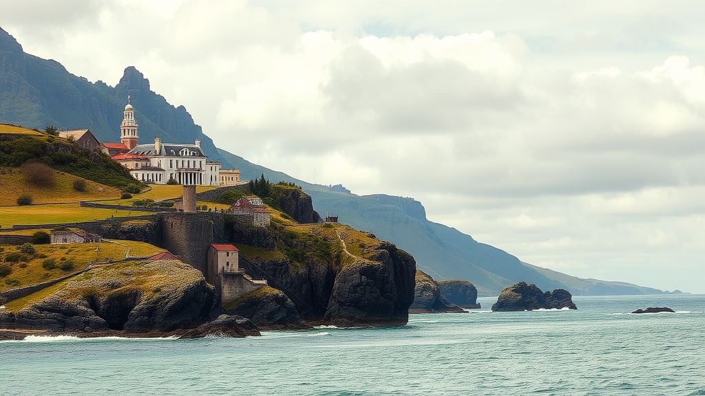 A picturesque view of St. Helena, showcasing cliffs and historical buildings along the coast.