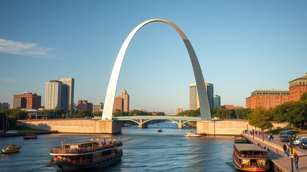 The Gateway Arch in St. Louis with a view of the city skyline and a river.