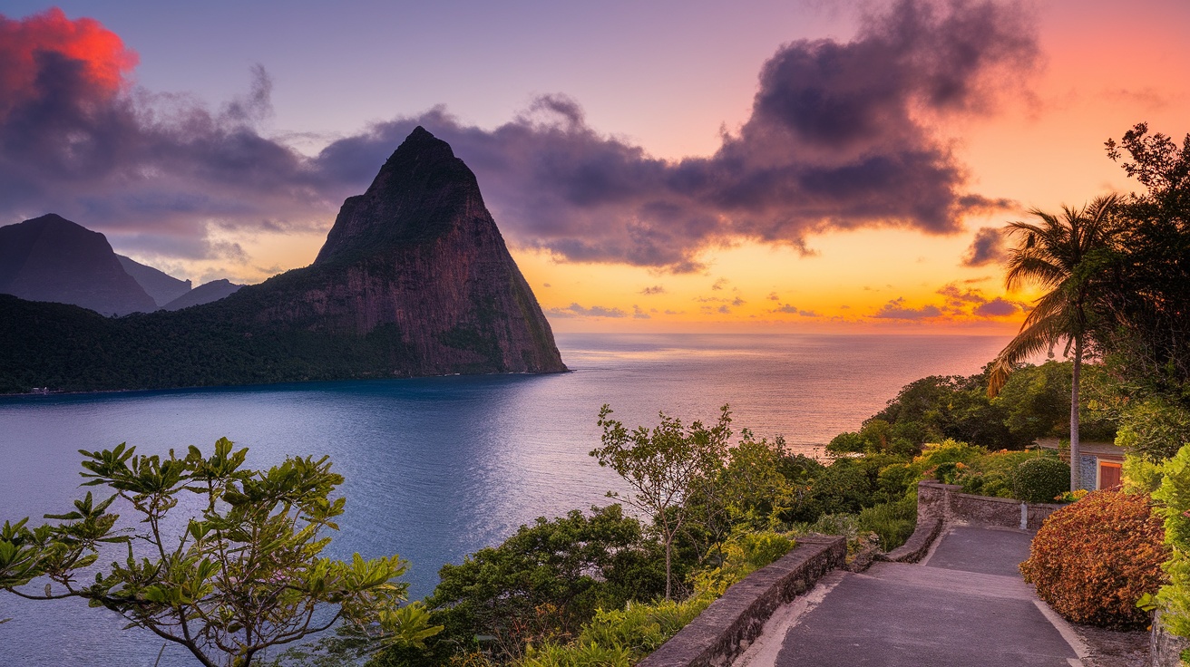 Scenic view of St. Lucia featuring the Pitons at sunset.