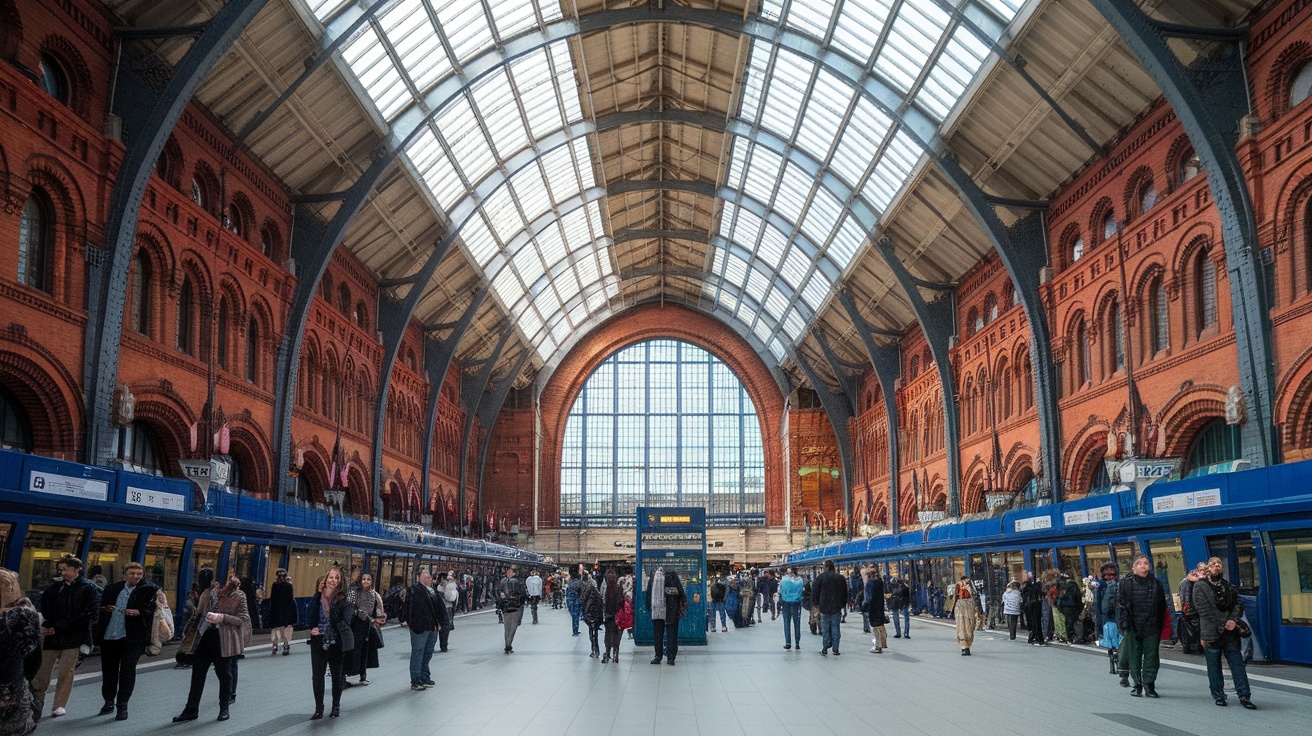 Interior view of St. Pancras International train station showing its grand architecture and busy atmosphere.