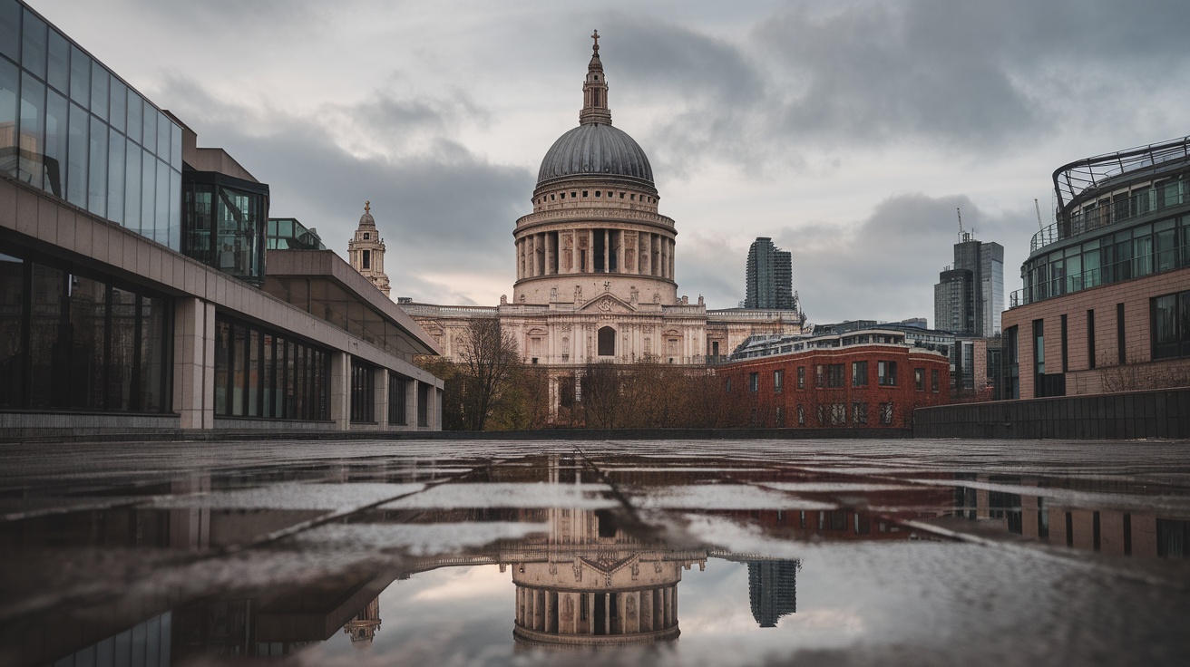 St. Paul's Cathedral with its iconic dome reflecting in nearby puddles, surrounded by modern buildings.