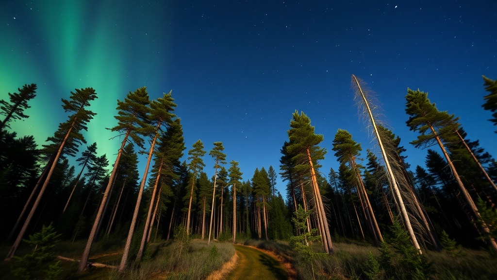 A serene forest in Lapland illuminated by the northern lights and starry sky.