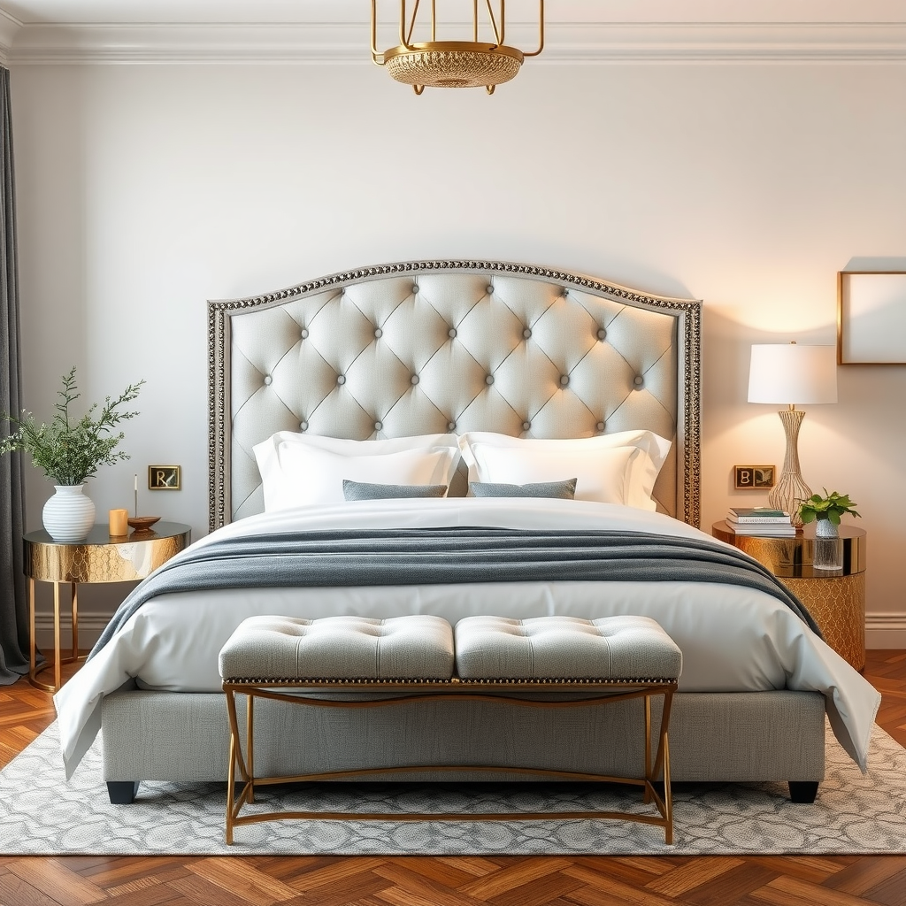 A luxurious bedroom featuring a plush bed with elegant design, complemented by stylish nightstands and warm decor.