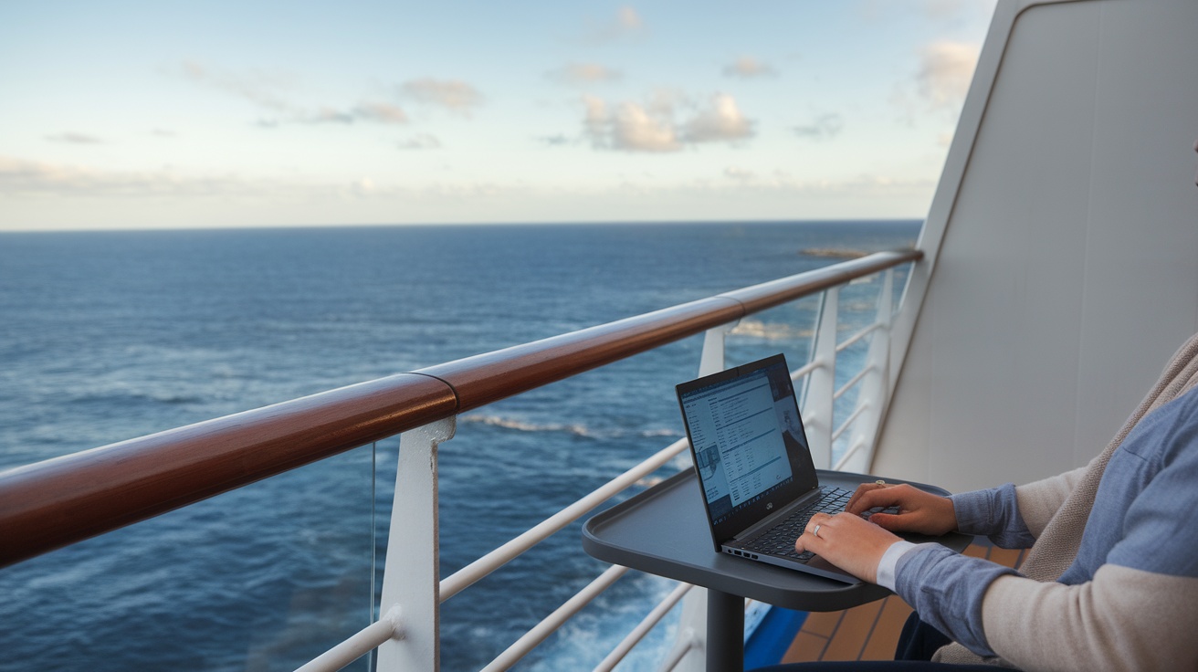 Person using a laptop on a cruise ship balcony with ocean view