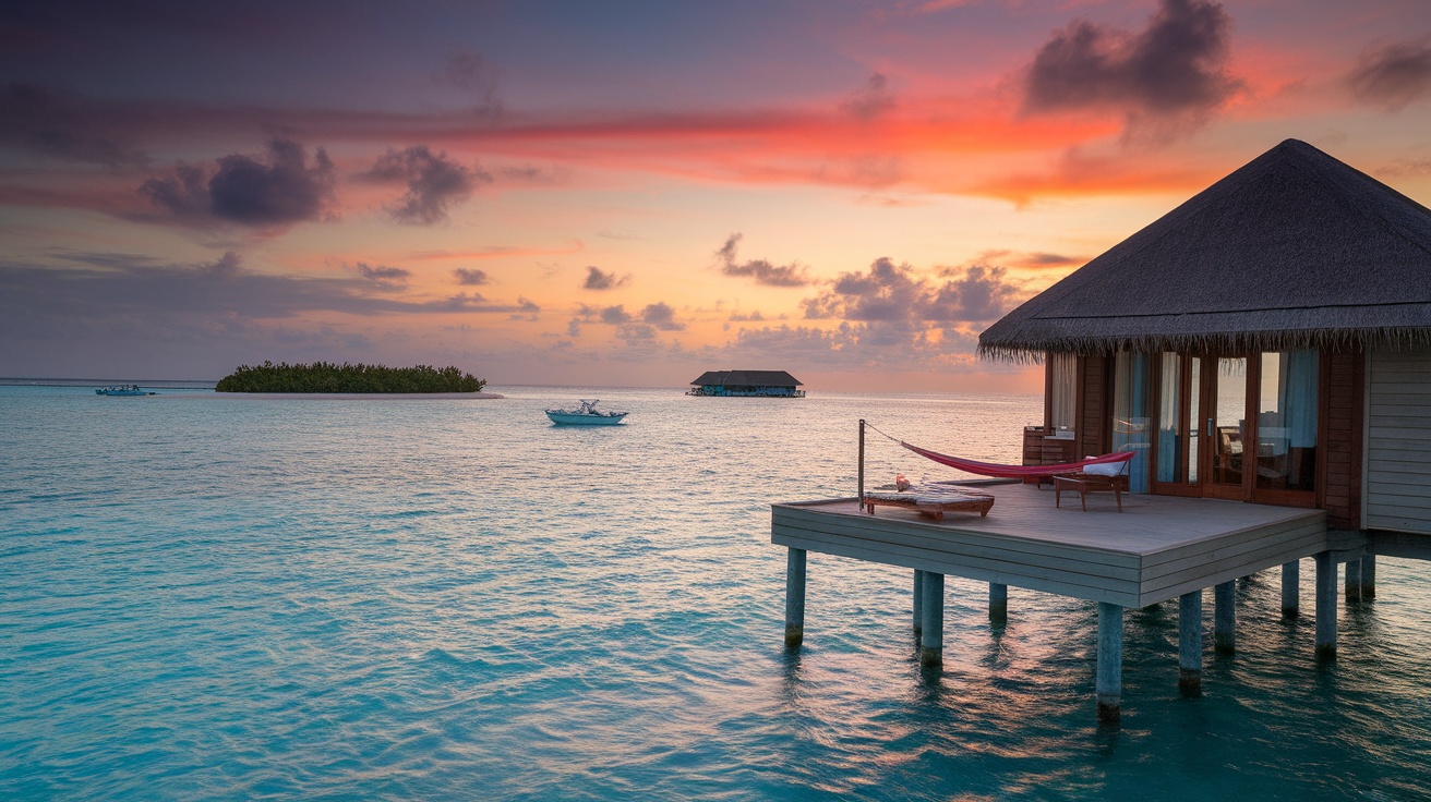 Overwater bungalow in the Maldives with a sunset view