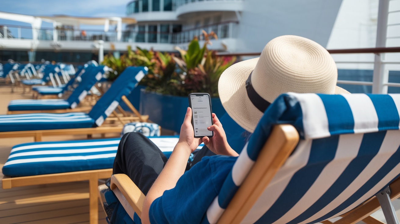 Person relaxing on a cruise ship deck, using a smartphone.