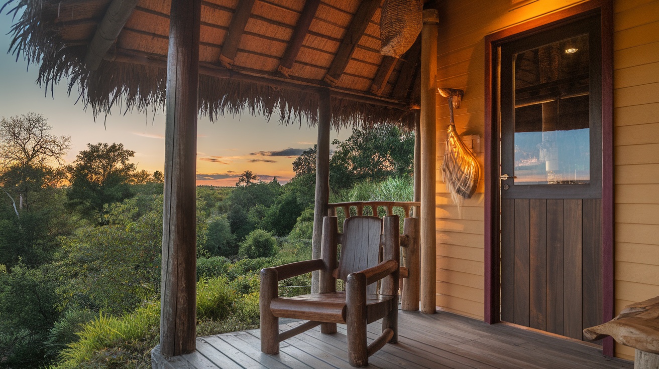 A cozy wooden chair on a porch with a beautiful sunset and lush greenery in the background.