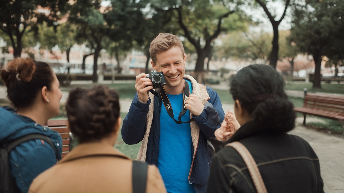 A man with a camera smiles while engaging with a group of women in a park.