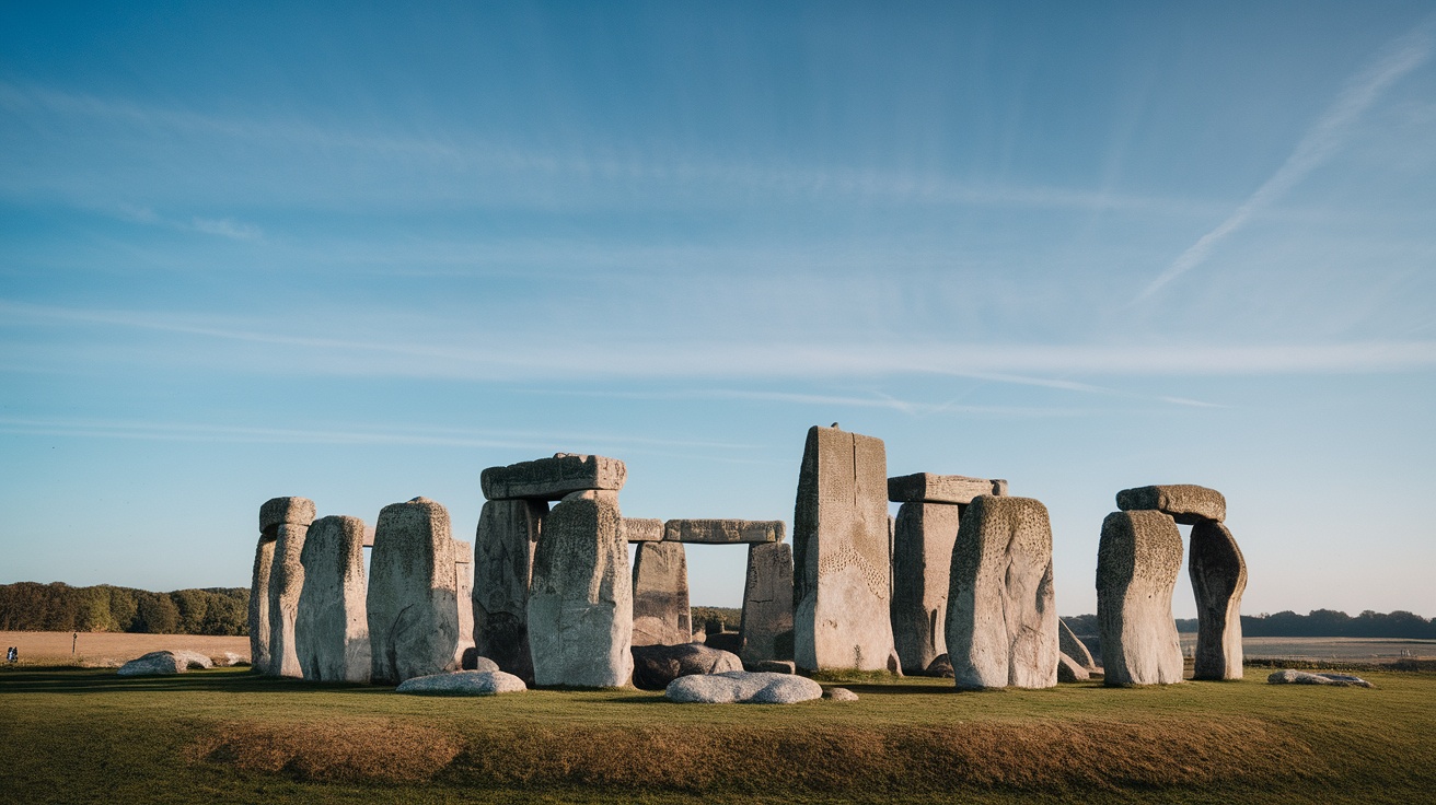 A view of Stonehenge with blue skies and green grass.