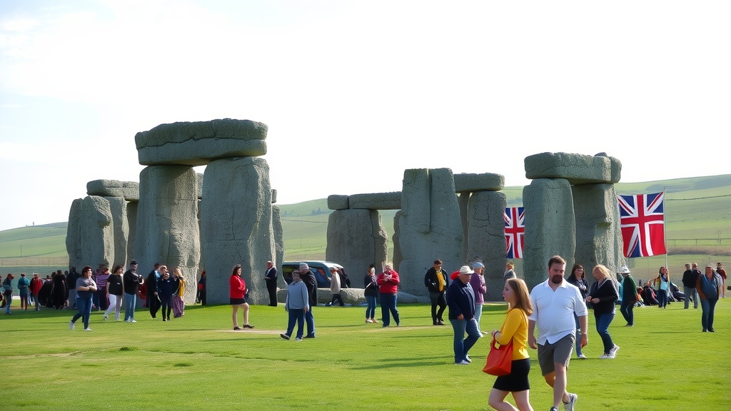 A crowded view of Stonehenge with visitors exploring the site.