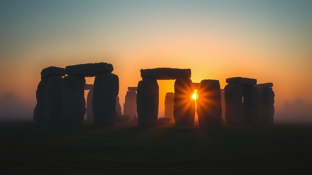 A stunning view of Stonehenge during sunrise, with mist surrounding the ancient stones.