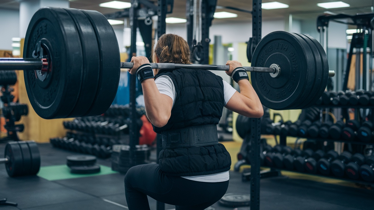 A person performing a squat with a heavy barbell in a gym.