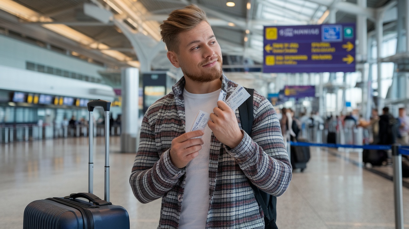 A man at the airport holding travel tickets, looking confident and ready for his trip.