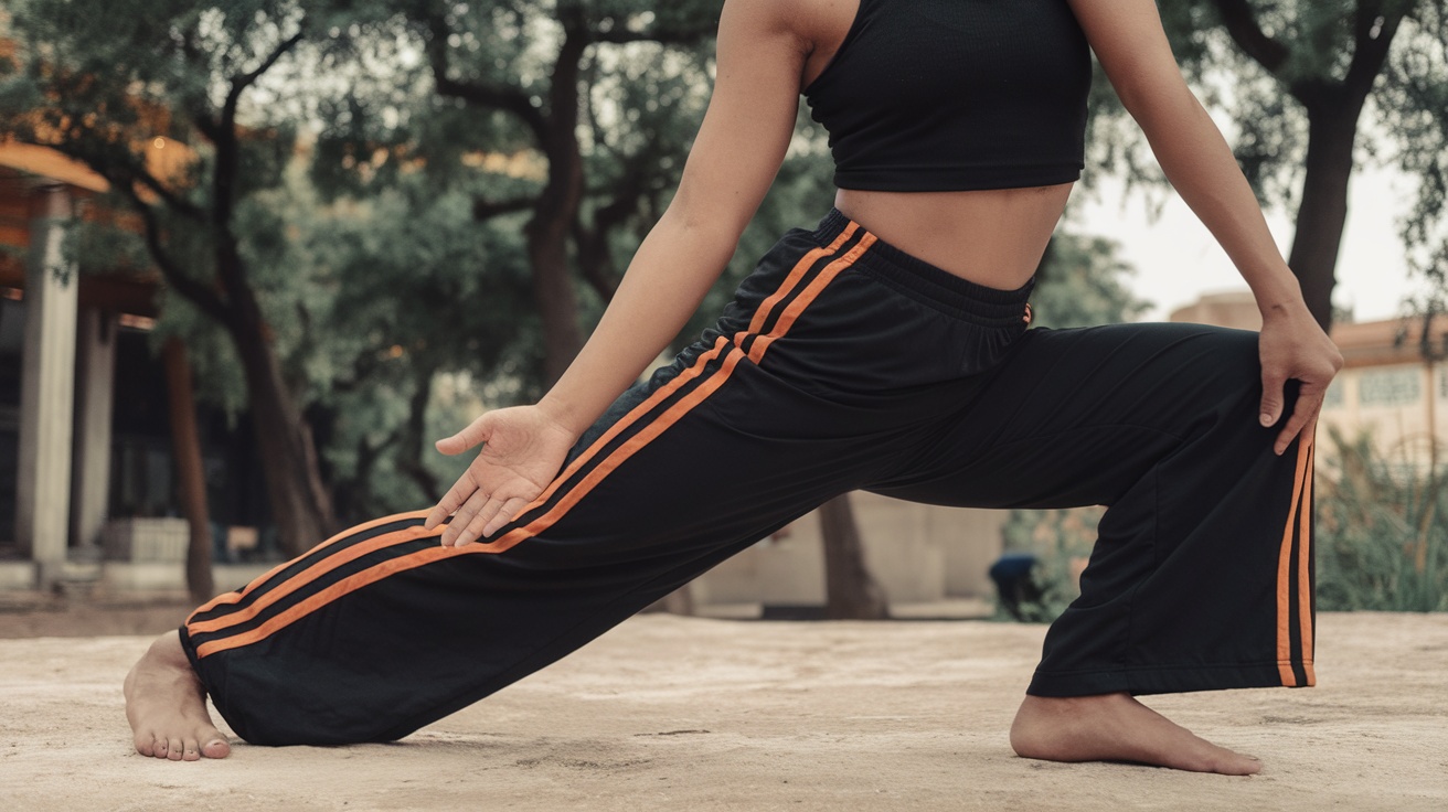 A person performing a lunging stretch outdoors.