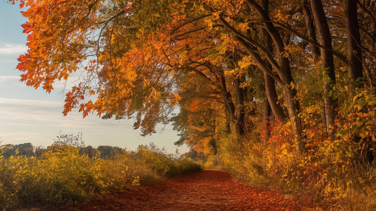 A scenic path lined with colorful fall foliage in The Ramble, Central Park.