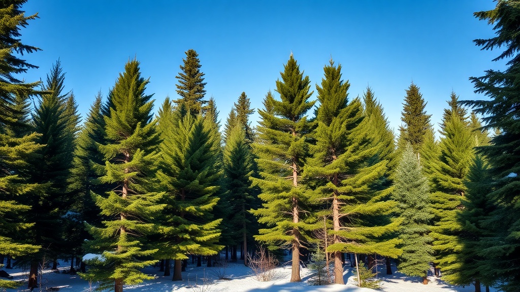 Tall pine trees in a Siberian taiga forest under a clear blue sky.