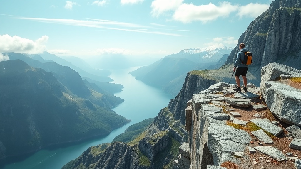 A hiker standing on the edge of Preikestolen, overlooking the stunning Lysefjord.