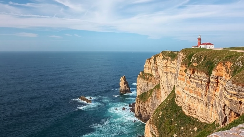 Cliffs of Cabo da Roca with a lighthouse overlooking the Atlantic Ocean.