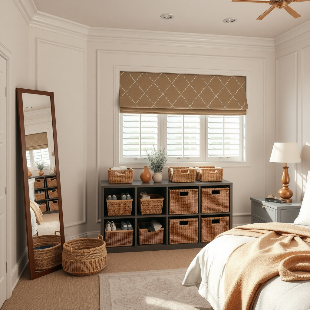 A stylish bedroom featuring a dark shelving unit with woven baskets, a large mirror, and warm decorative elements.