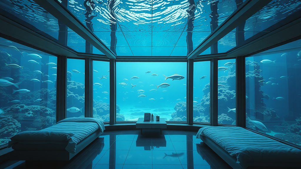 Interior view of an underwater hotel room with large windows showing underwater scenery.